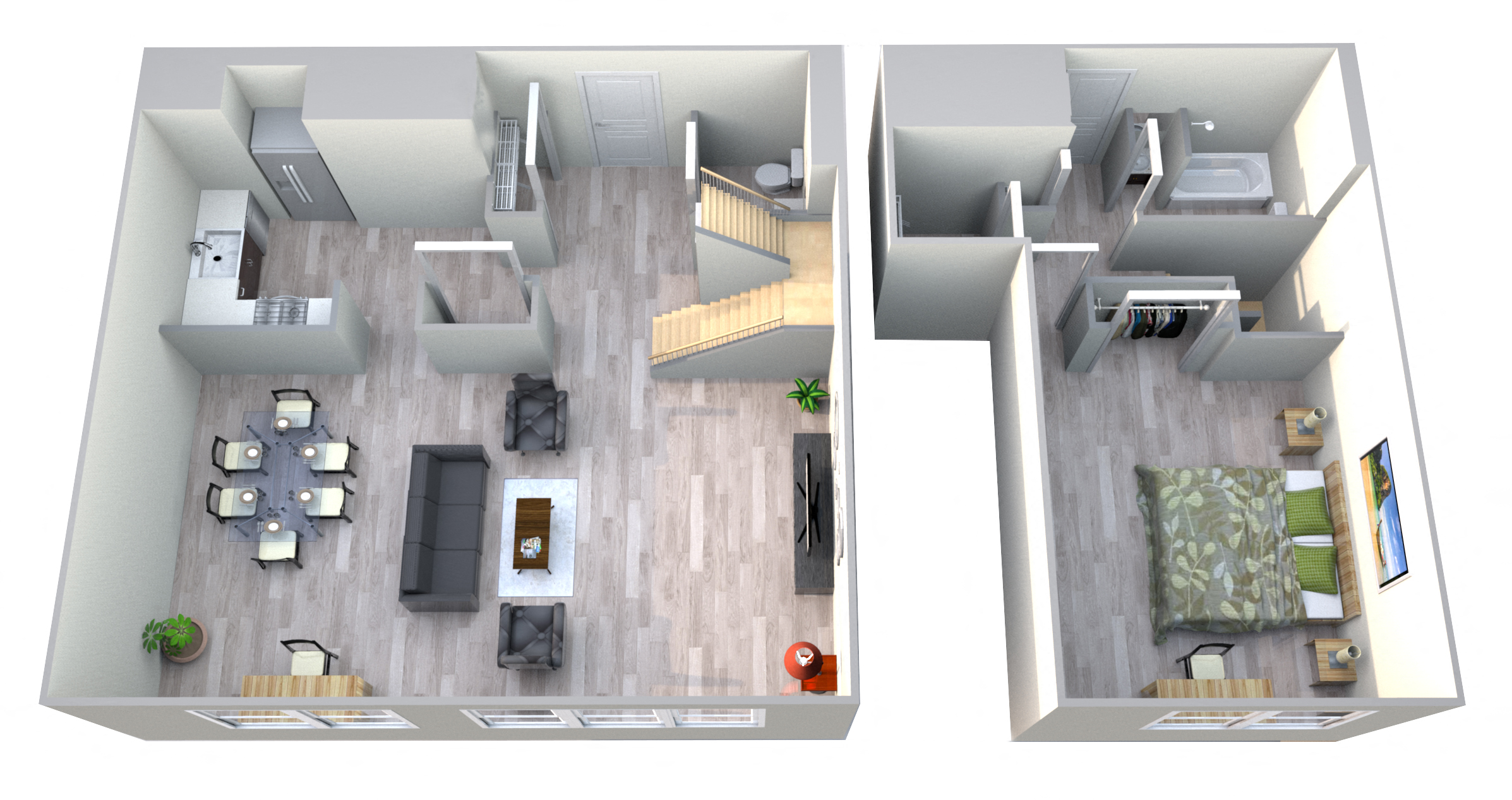 Floor plan for 1 bed, 1.5 baths, 770 sqft
